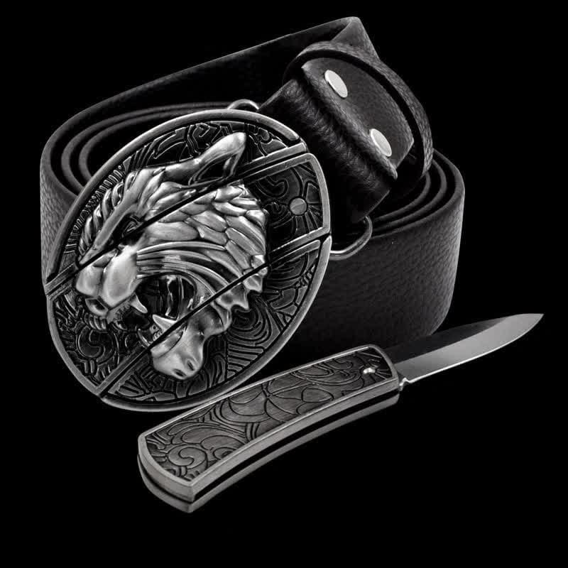 Men's Roaring Tiger Leather Belt With Folding Knife