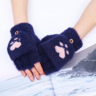 Women's Warm Cat Paw Print Mittens Fluffy Gloves