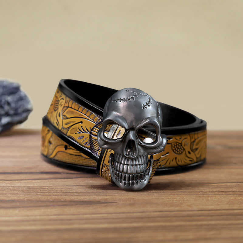 Men's DIY Skull Head Jaw Mobility Buckle Leather Belt