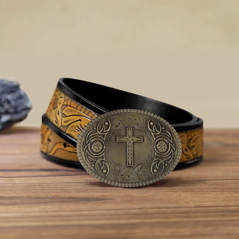 Men's DIY Carved Cross Flower Buckle Leather Belt