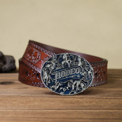 Men's DIY Blue Enamel Rodeo Bull Buckle Leather Belt