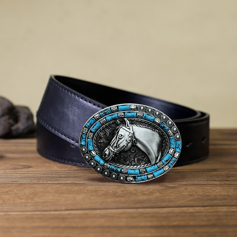 Men's DIY Horse Head Turquoise Buckle Leather Belt