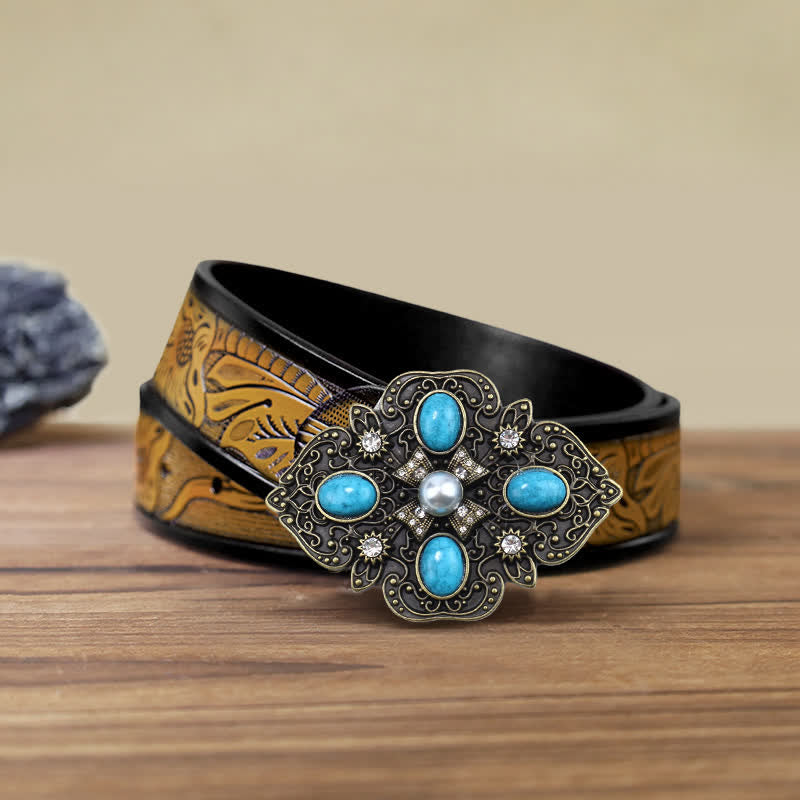 Men's DIY Decorative Stunning Turquoise Buckle Leather Belt