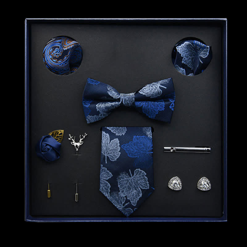 8Pcs MidnightBlue Vintage Leaf Necktie Bow Ties Gift Box
