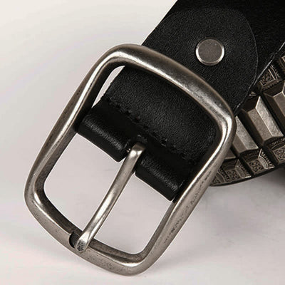 Vintage Geometric Metal Rivet Studded Leather Belt