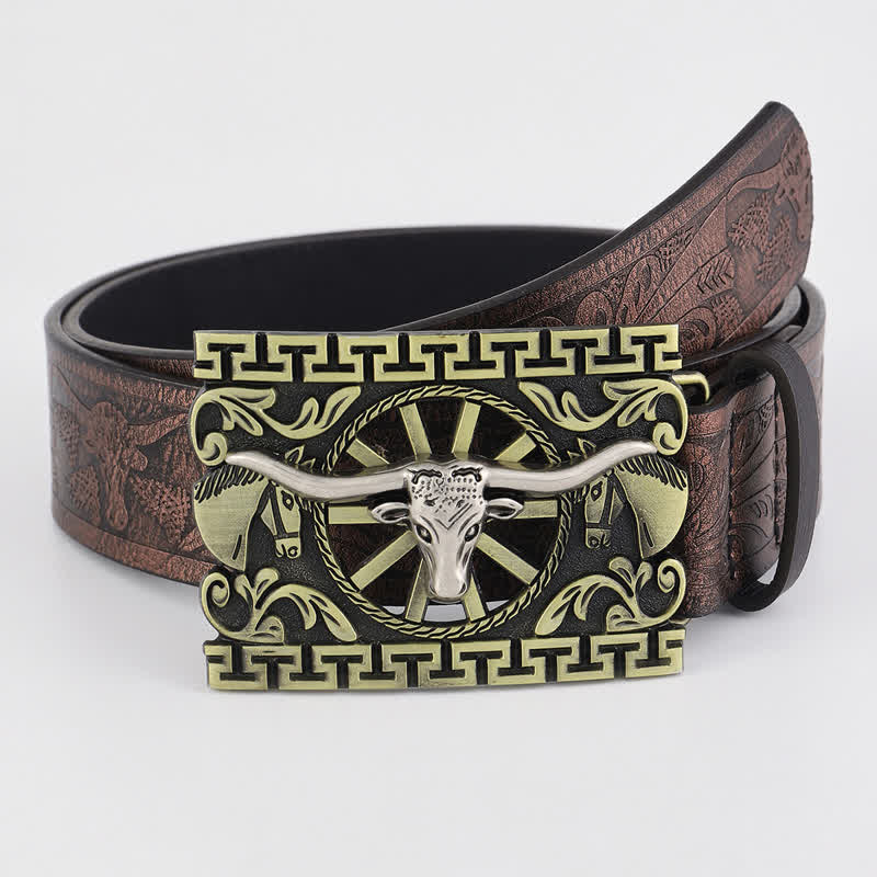 Men's Bronze Hollow Cattle Bull Buckle Leather Belt