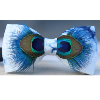 Blue & White Dye Eye Peacock Feather Bow Tie