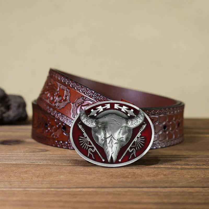 Men's DIY Indian Theme Bull Skull Buckle Leather Belt