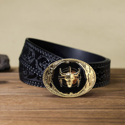 Men's DIY Gold Black Bull Head Buckle Leather Belt