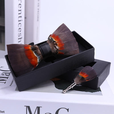 Brown & Orange Feather Bow Tie with Lapel Pin