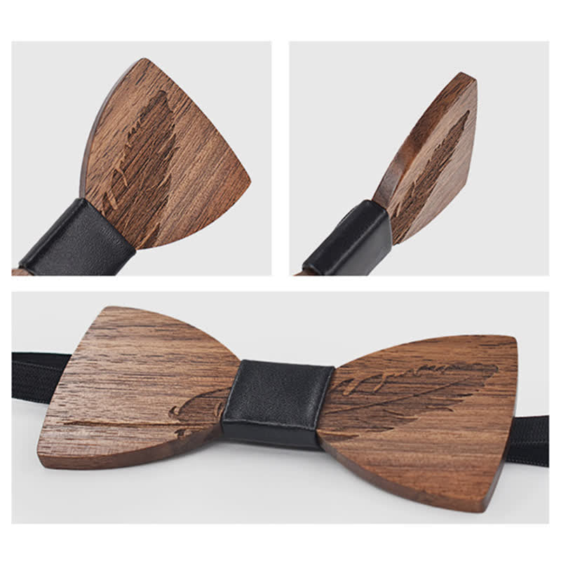 2Pcs Men's Feather Engraving Wooden Bow Tie Set