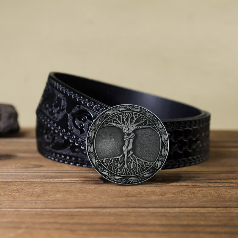 Men's DIY Tree Of Life Ash Elm Buckle Leather Belt