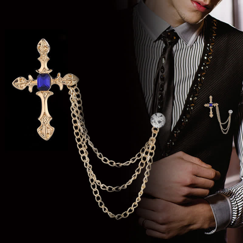 Men's Classic Cross Crystal Chain Brooch