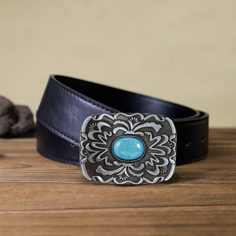 Men's DIY Turquoise Stone Flower Buckle Leather Belt