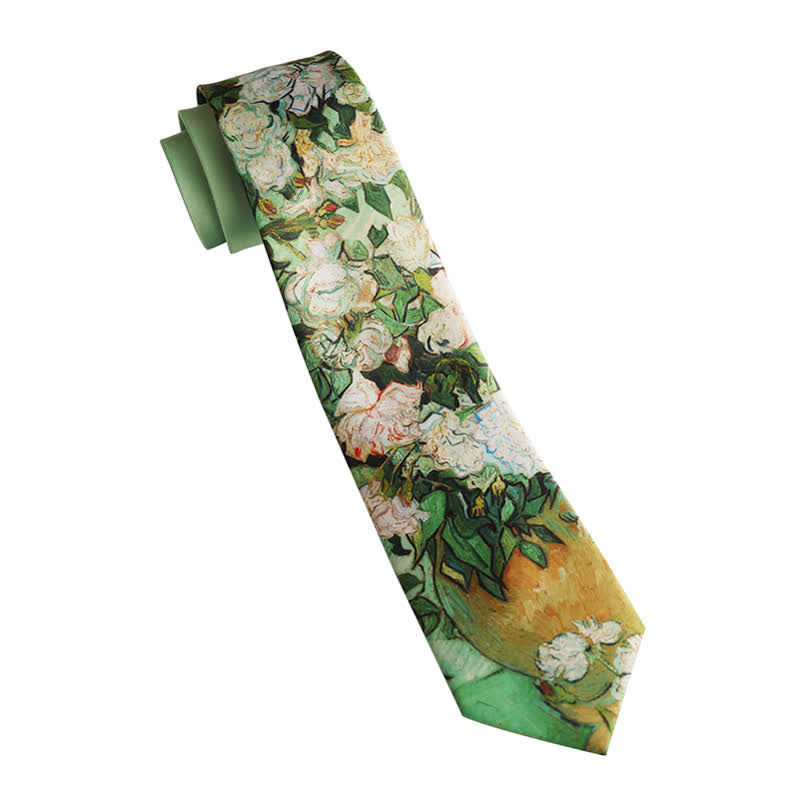 Men's Light Green White Roses Floral Necktie