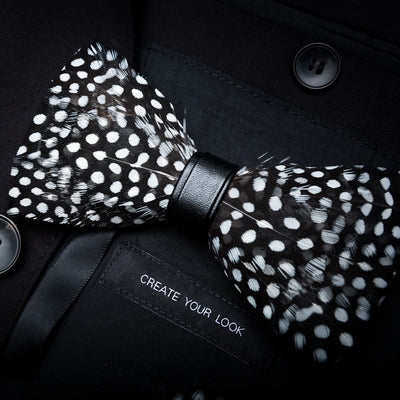 Black & White Polka Dot Feather Bow Tie with Lapel Pin