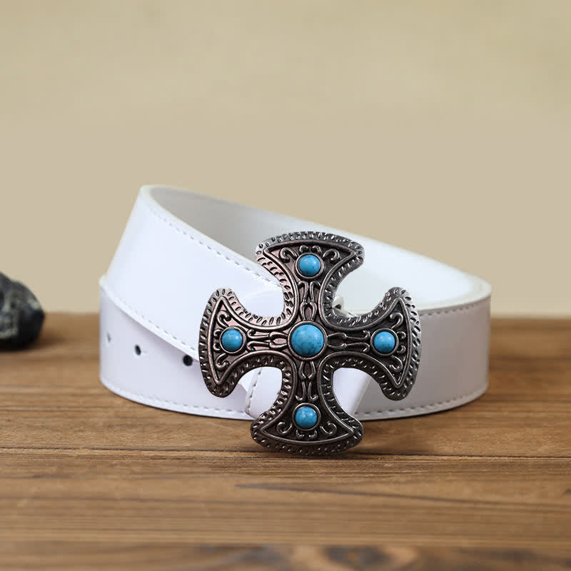 Men's DIY Retro Turquoise Stone Cross Buckle Leather Belt