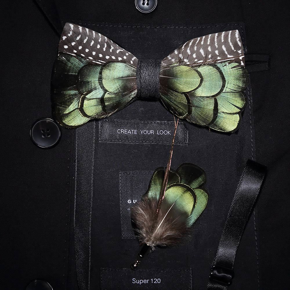 Green & Brown Peacock Goose Feather Bow Tie with Lapel Pin
