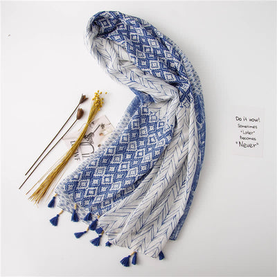 Women's Feather Pattern Beaded Tassels Scarf