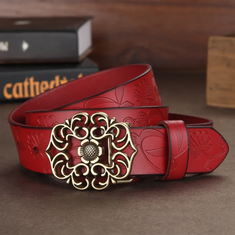 Women's Vintage Flower Hollow Buckle Embossed Leather Belt