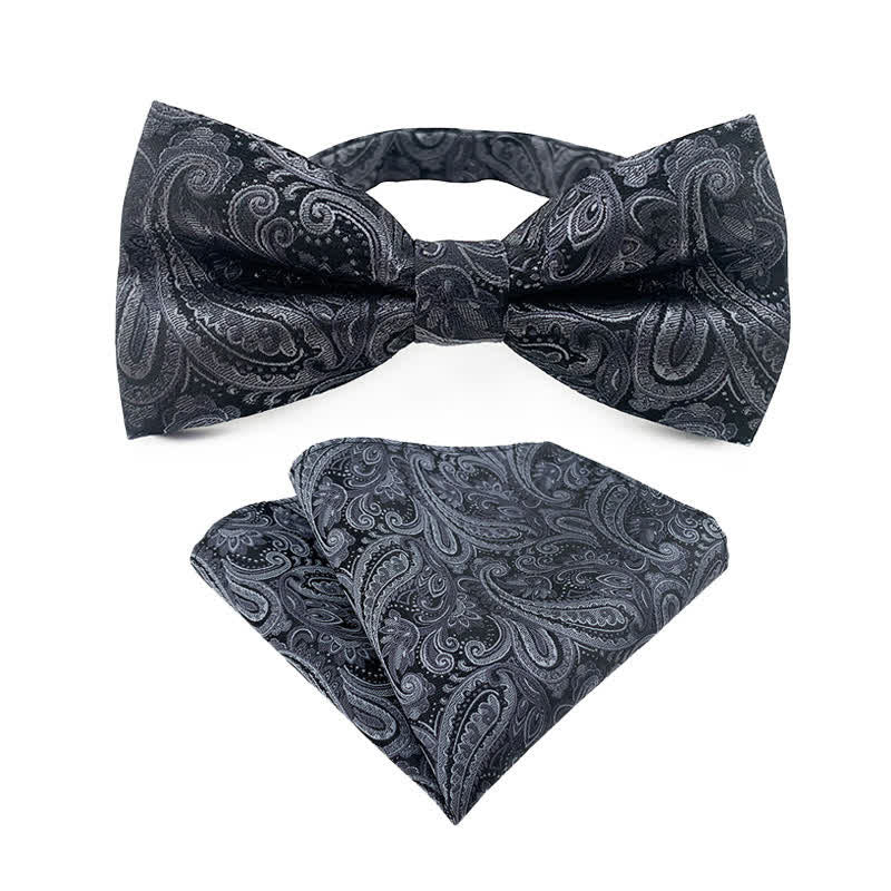 2Pcs Men's Flowery Paisley Bow Tie Pocket Square Set