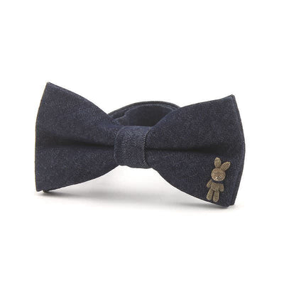 Men's Dark Navy Blue Metallic Decors Denim Cotton Bow Tie