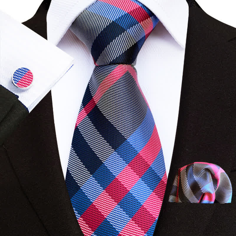 3Pcs Men's Navy & Red Check Necktie Set