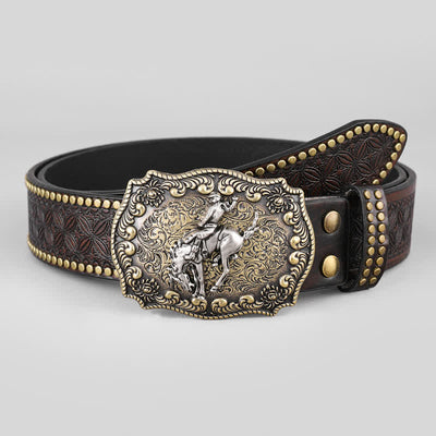 Men's Riding Horse Floral Pattern Leather Belt