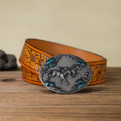 Men's DIY Running Horses Turquoise Bead Buckle Leather Belt