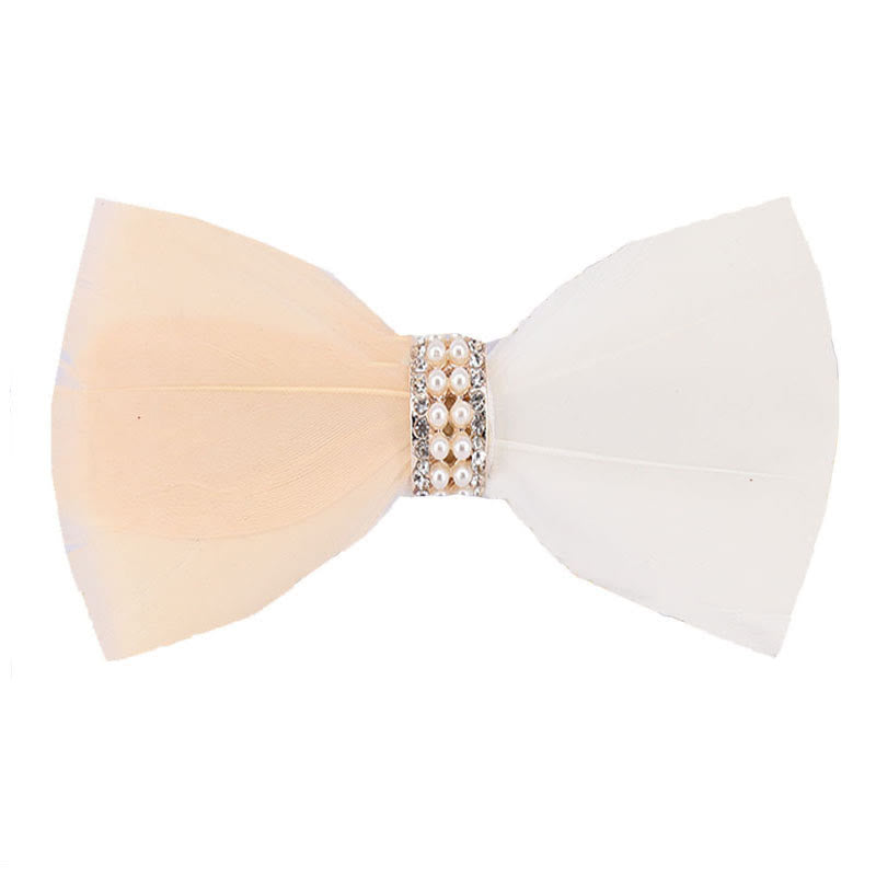 Blush & White Shiny Pearl Feather Bow Tie with Lapel Pin