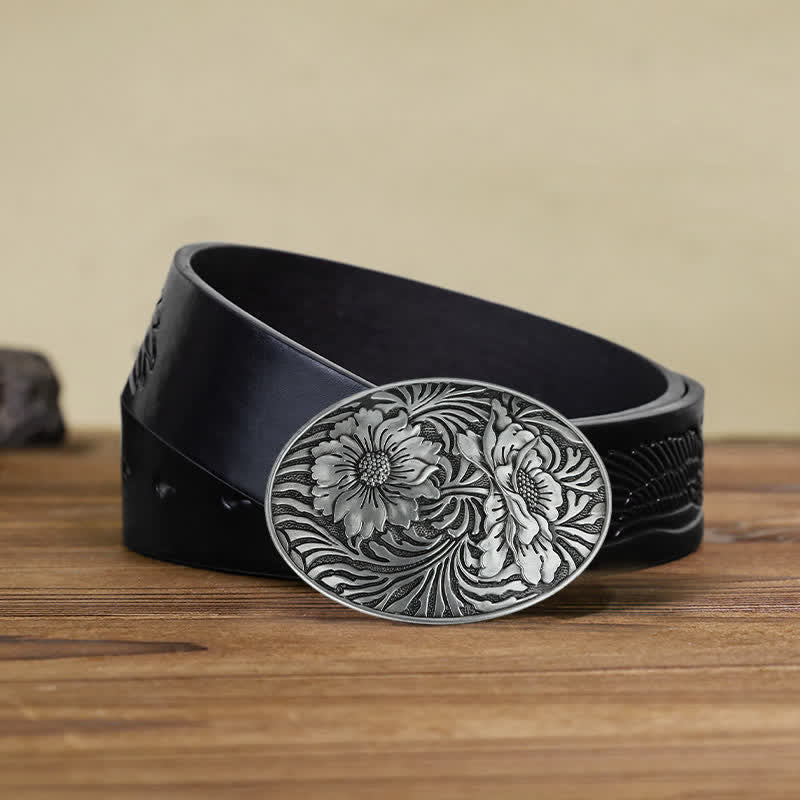 Men's DIY Oval Western Floral Buckle Leather Belt