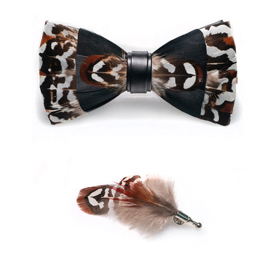 Black & Brown Gentle Feather Bow Tie with Lapel Pin