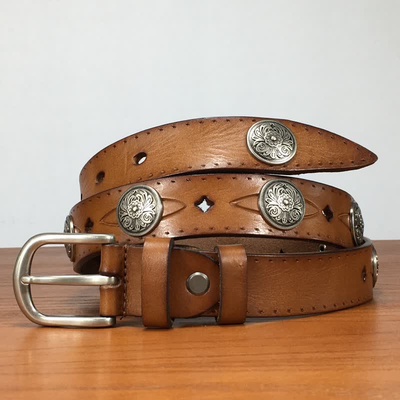 Vintage Round Carving Flower Rivet Leather Belt