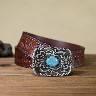 Men's DIY Turquoise Stone Flower Buckle Leather Belt