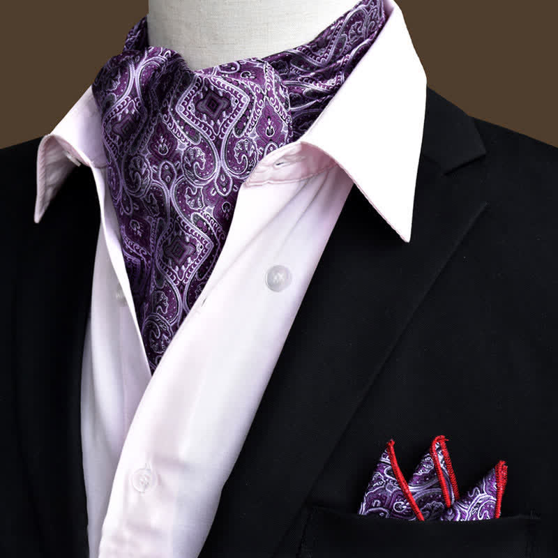 2Pcs Purple Luxury Floral Paisley Pocket Square and Cravat Set