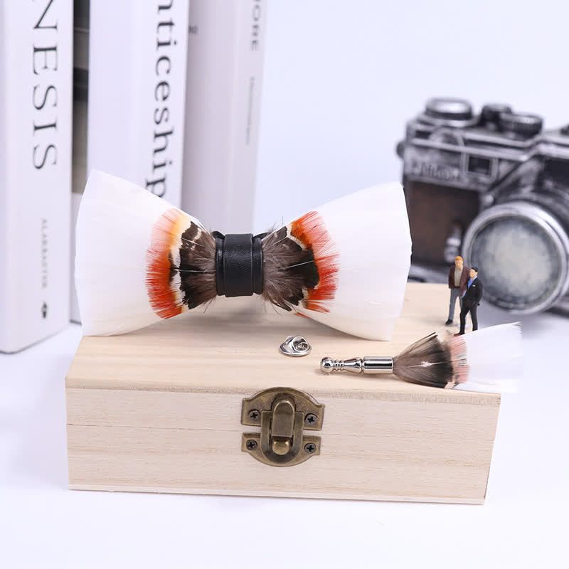 Elegant White Feather Bow Tie with Lapel Pin