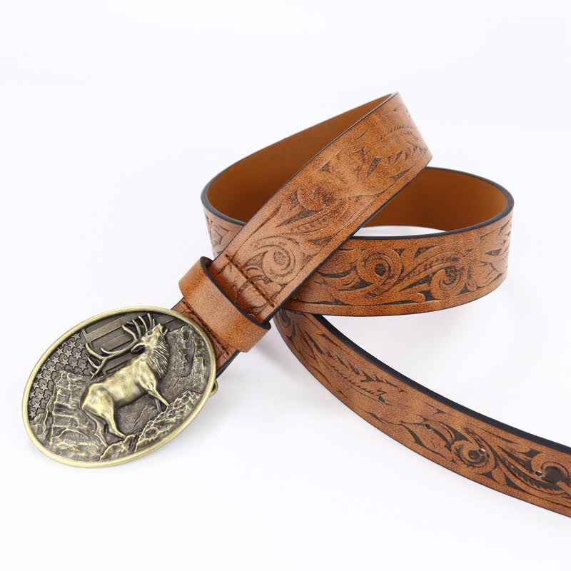 Men's Vintage Carved Deer American Flag Leather Belt