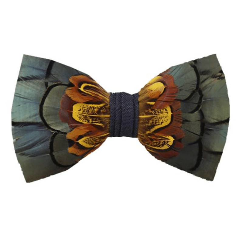 DarkSeaGreen & Yellow Feather Bow Tie with Lapel Pin