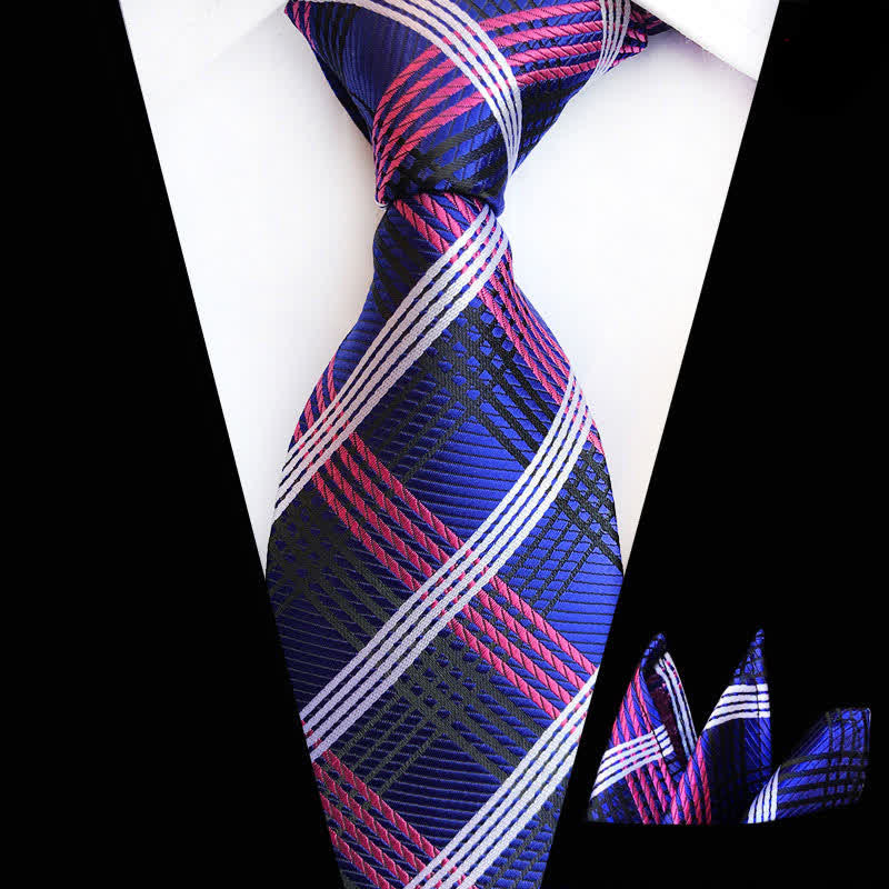 2Pcs Blue & Violet Men's Noble Plaid Cravat Necktie Set