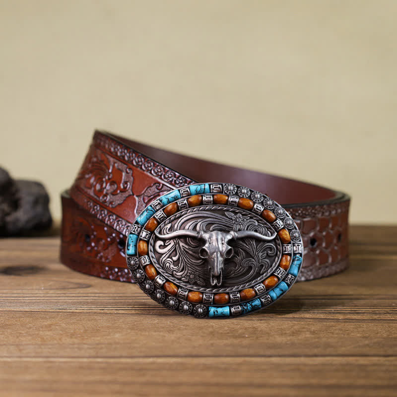 Men's DIY Turquoise Wood Bead Bull Buckle Leather Belt