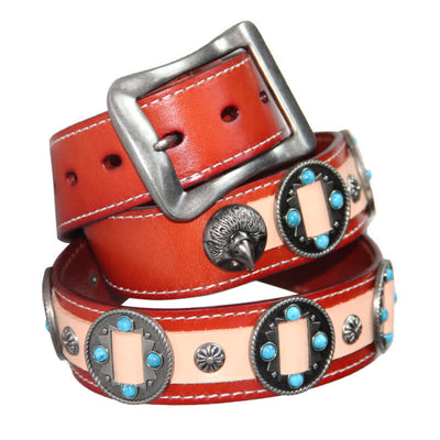 Men's Turquoise Inlay Floral Studded Leather Belt