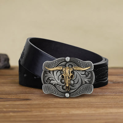 Men's DIY Texas Longhorn Bull Buckle Leather Belt