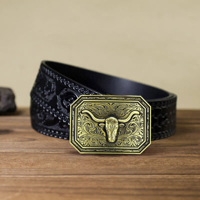 Men's DIY Simple Longhorn Bull Head Buckle Leather Belt