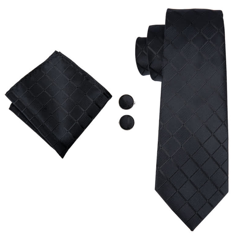 3Pcs Men's Black Business Plaid Necktie Set