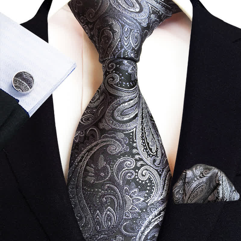 3Pcs Men's Gray Paisley Floral Necktie Set