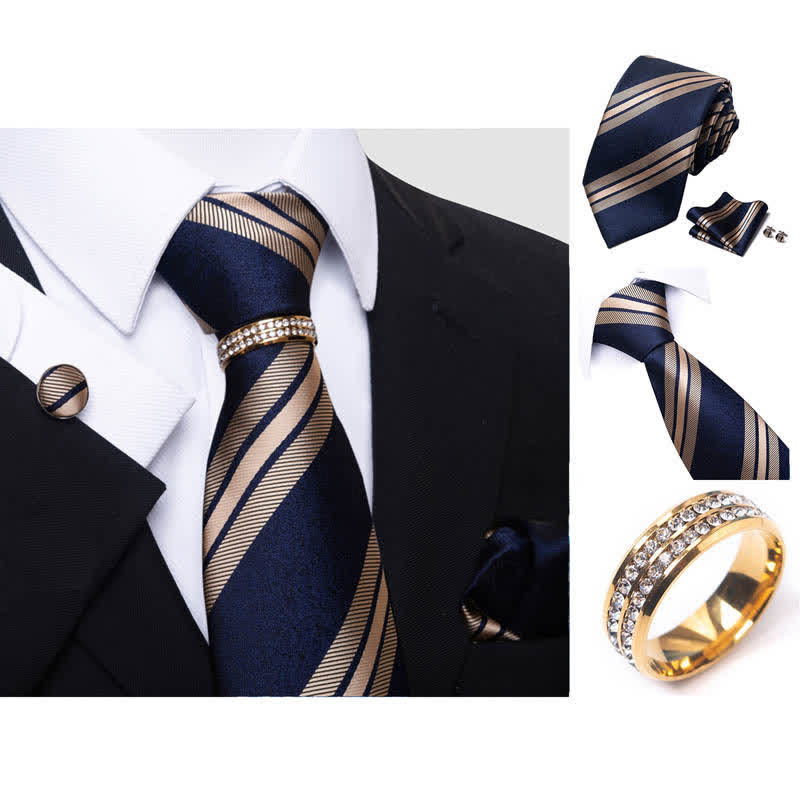 4Pcs Men's Striped Necktie Set With Tie Ring