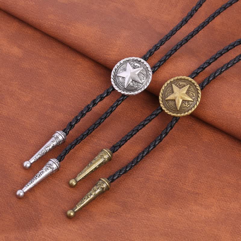 Five-Pointed Star Braided Leather Cord Bolo Tie