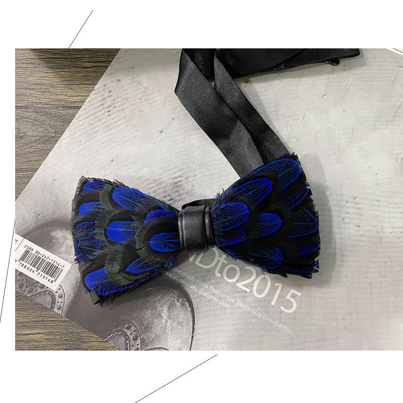 MidnightBlue & Black Peacock Feather Bow Tie with Lapel Pin