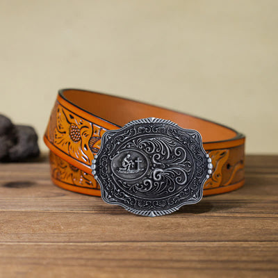 Men's DIY Engraved Floral Earnest Prayer Buckle Leather Belt