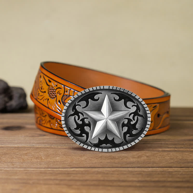 Men's DIY Silver Lone Star Buckle Leather Belt